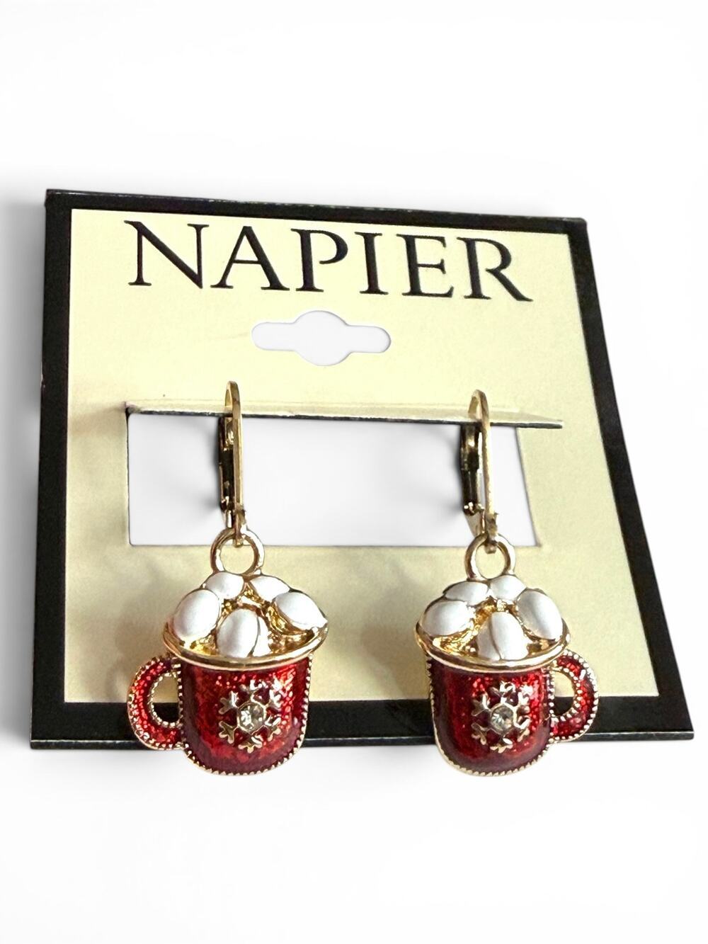 New NAPIER Hot Cocoa Mug Dangle Earrings Red Enamel Marshmallow Snowflake